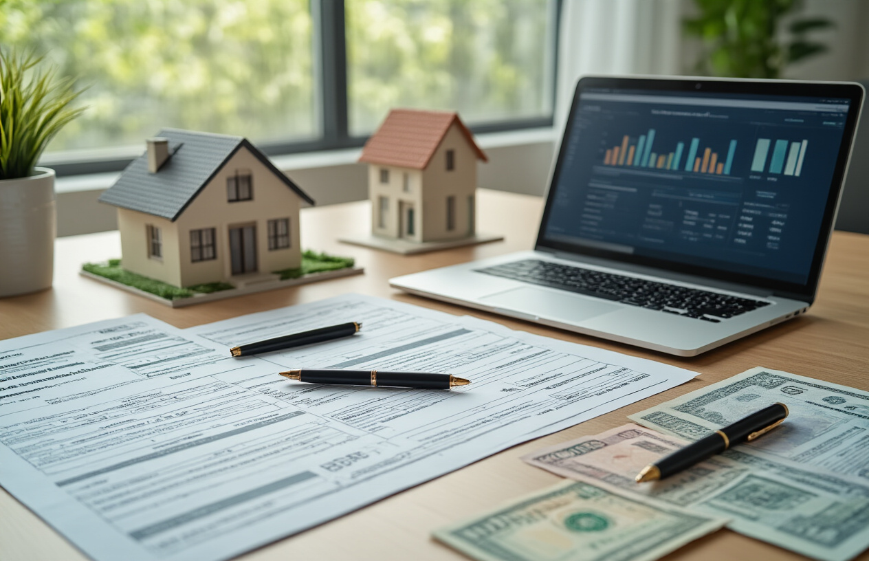 Create a realistic image of a modern Indian office setting with a clean desk displaying financial documents, bank forms, and nomination paperwork spread out in an organized manner, with a sleek laptop computer open showing digital banking interface, a professional black pen placed on the documents, soft natural lighting coming through a window, and a few Indian currency notes and a miniature house model as symbolic elements representing asset transfer, with a calm and professional atmosphere. Absolutely NO text should be in the scene.