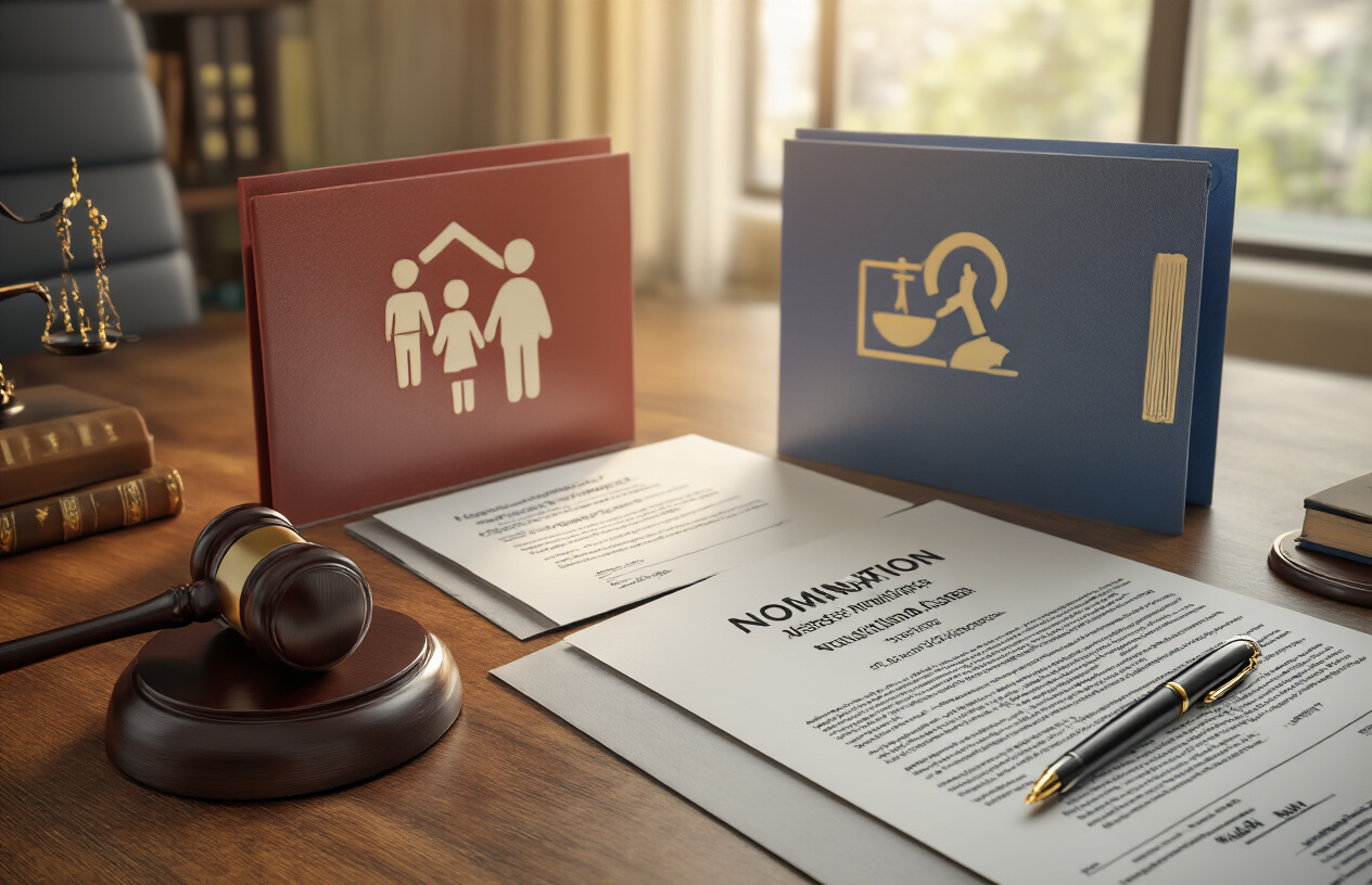 Create a realistic image of a modern office desk with two distinct document folders or legal files placed side by side, one labeled with a family icon and another with a nomination symbol, surrounded by Indian legal documents, a gavel, and a pen, with a professional indoor setting featuring warm natural lighting from a window, creating a comparative business atmosphere that illustrates the contrast between two legal concepts, absolutely NO text should be in the scene.