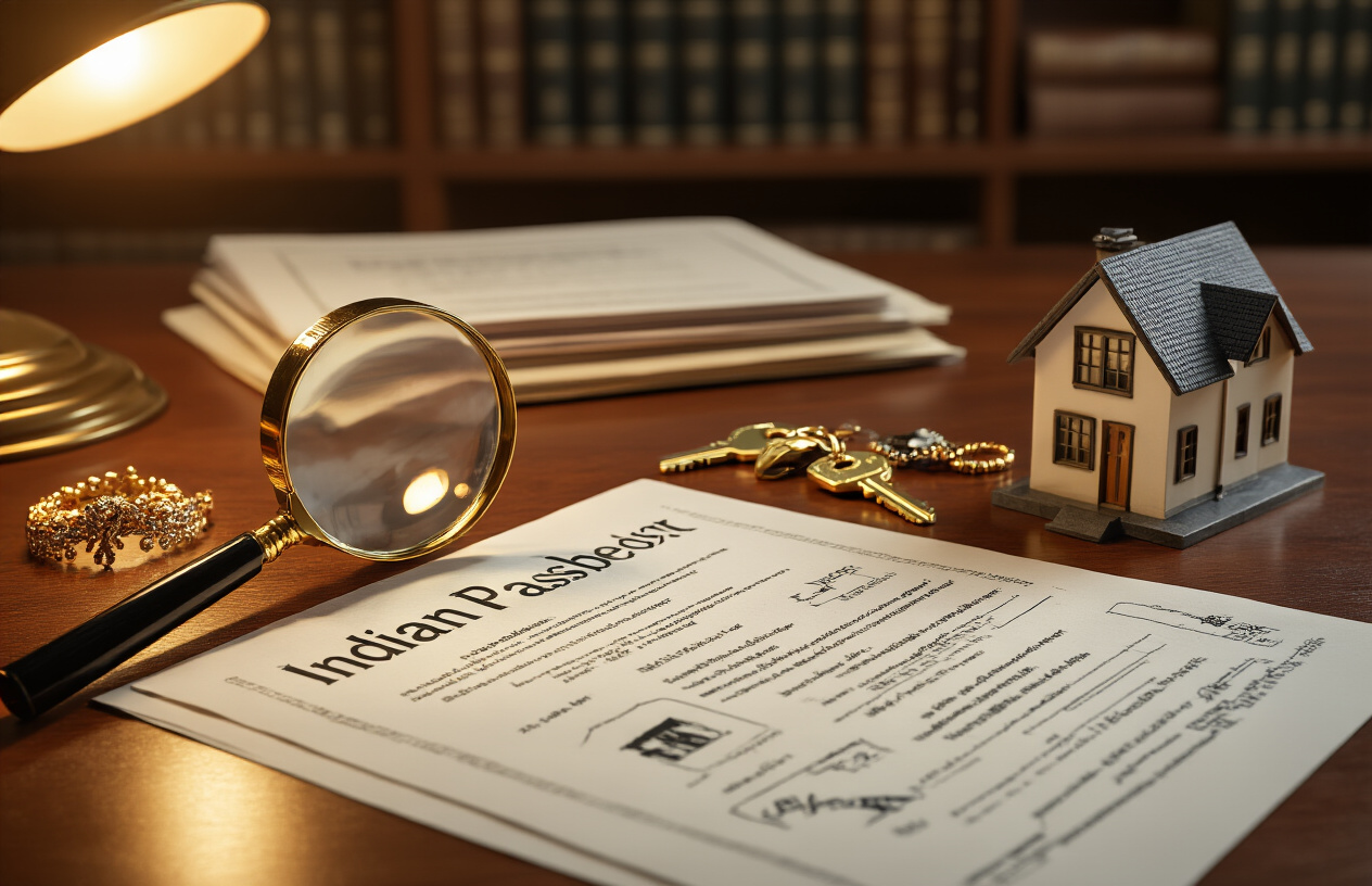 Create a realistic image of various Indian assets and properties arranged on a polished wooden desk including property documents, house keys, gold jewelry, bank passbooks, stock certificates, and a small model house, with a magnifying glass positioned over legal documents showing inheritance symbols, soft warm lighting from a desk lamp creating professional shadows, neutral office background with law books on shelves, conveying a serious legal consultation atmosphere, absolutely NO text should be in the scene.