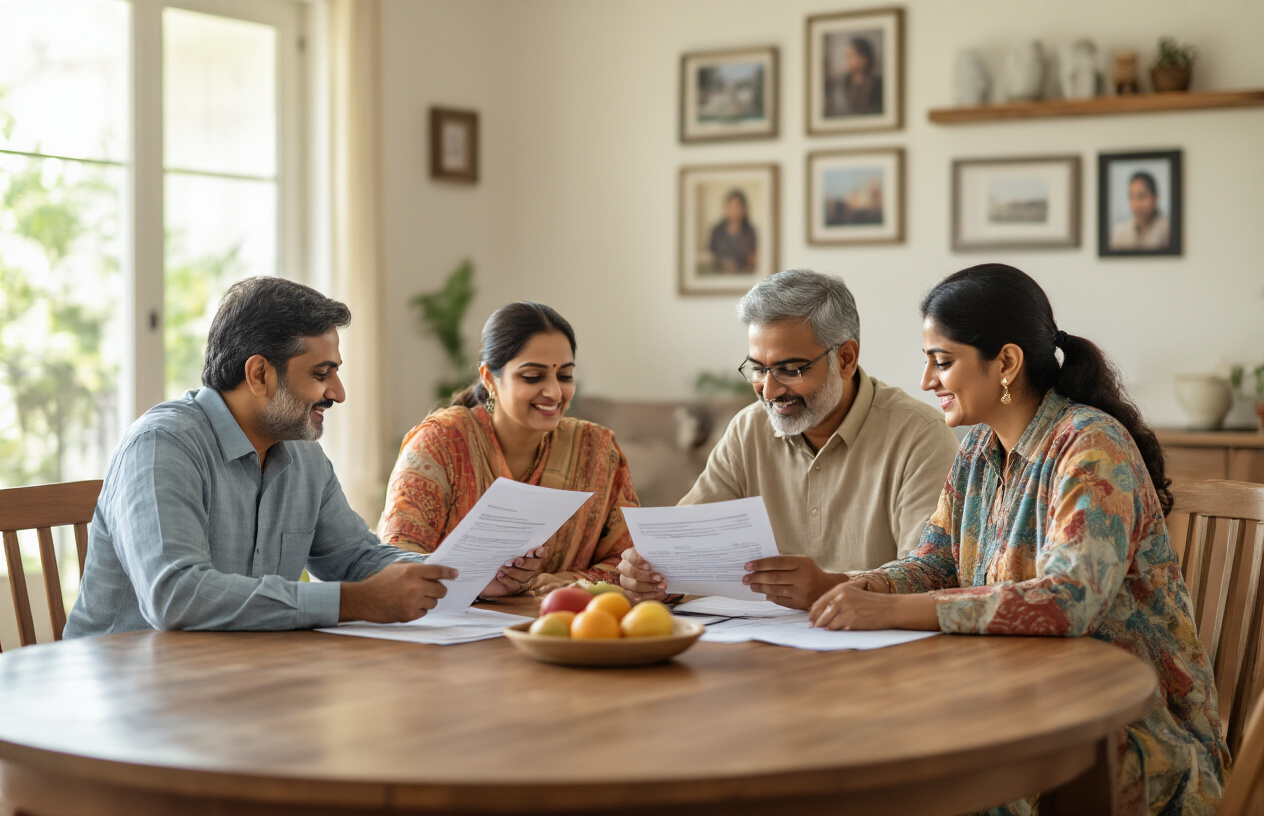Create a realistic image of a peaceful Indian family consisting of two middle-aged South Asian parents (one male, one female) and their two adult South Asian children (one male, one female) sitting around a wooden dining table in a well-lit modern Indian home living room, with the parents showing important legal documents to their children in a calm discussion setting, warm natural lighting streaming through windows, family photos on walls in background, creating an atmosphere of trust and open communication about financial planning, with everyone appearing relaxed and engaged in the conversation, absolutely NO text should be in the scene.