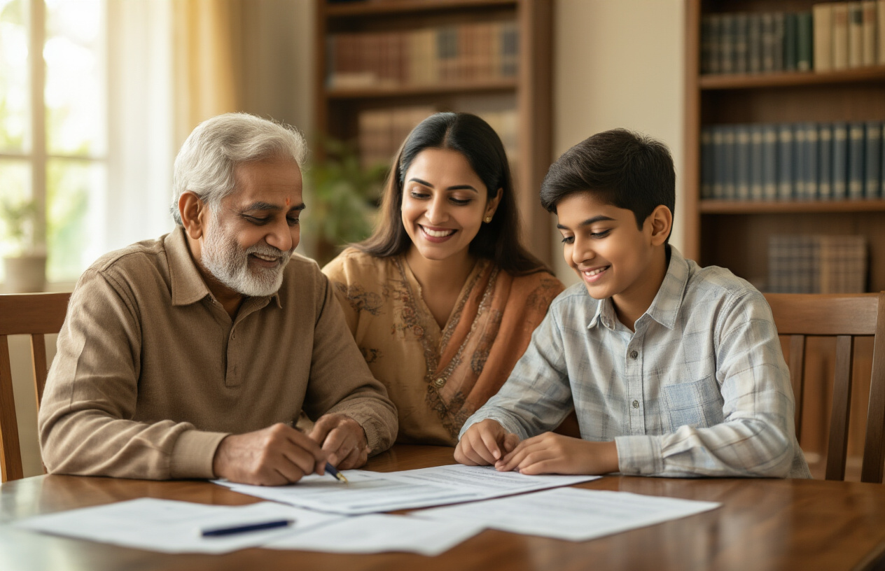 Create a realistic image of a peaceful Indian family scene showing three generations - an elderly Indian male grandfather, a middle-aged Indian female mother, and a young Indian male son - sitting together at a wooden dining table in a well-lit living room, with important legal documents including property papers and bank statements neatly organized on the table, a pen placed beside the documents, warm natural sunlight streaming through a window creating a sense of harmony and resolution, bookshelves with legal reference books visible in the background, the family members appearing relaxed and content suggesting successful estate planning, soft golden lighting creating a warm and secure atmosphere. Absolutely NO text should be in the scene.