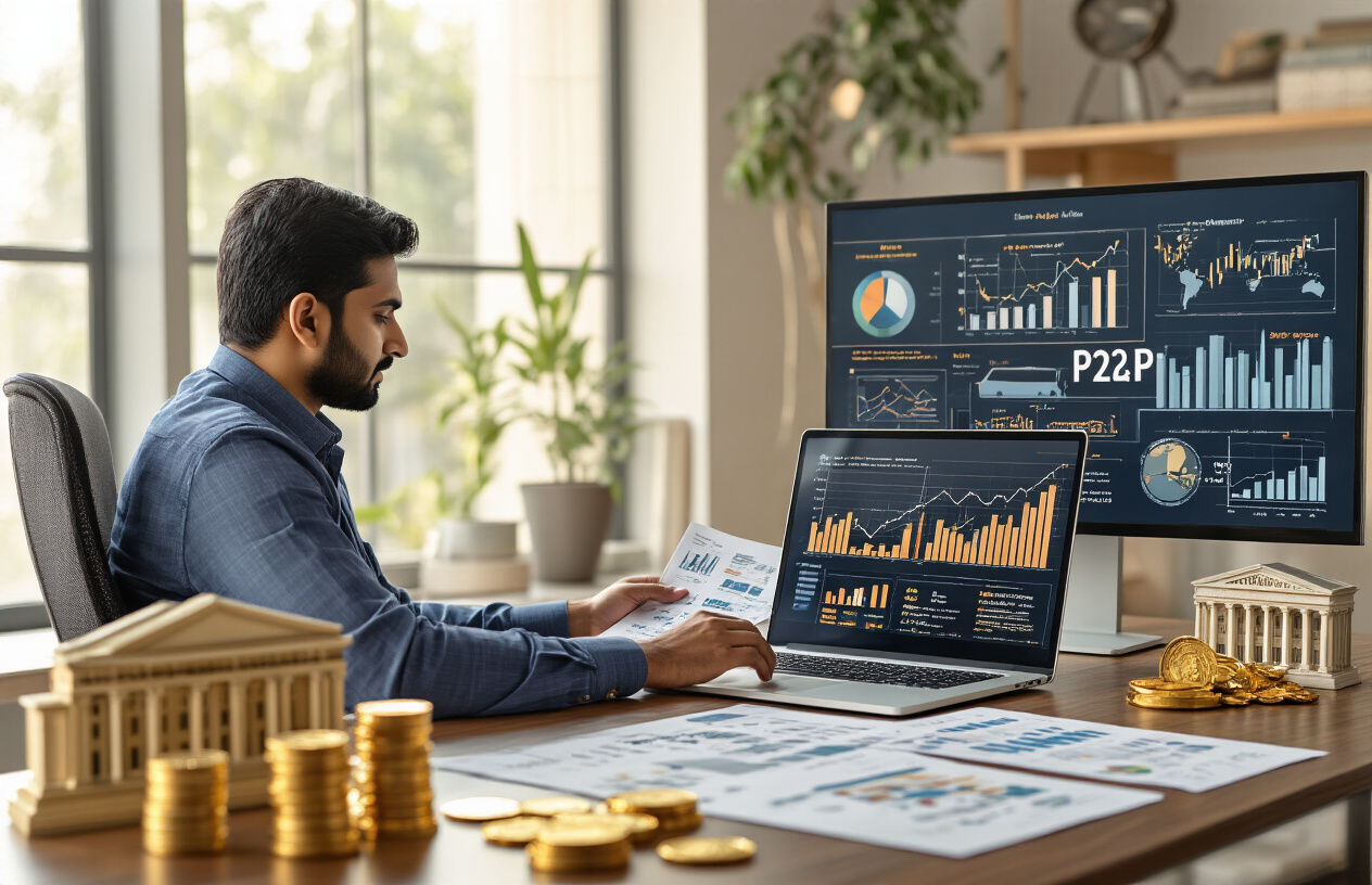 Create a realistic image of a modern Indian office setting with a South Asian male professional in his 30s sitting at a sleek desk, analyzing financial documents and charts on a laptop screen, with traditional investment symbols like gold coins, bank building miniature, and bond certificates arranged on one side of the desk, while on the other side showing modern P2P lending visual elements like connected network diagrams, mobile phone displaying lending app interface, and diverse portfolio charts, warm natural lighting from a window, professional atmosphere with subtle Indian cultural elements in the background, absolutely NO text should be in the scene.