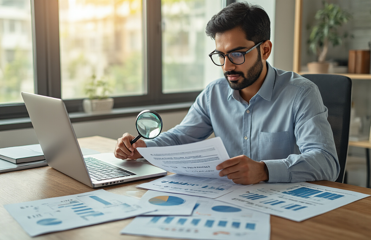 Create a realistic image of a South Asian male professional in his 30s sitting at a modern office desk with a laptop open, surrounded by financial documents, charts, and evaluation criteria sheets spread across the desk, with a magnifying glass positioned over some paperwork suggesting thorough analysis, in a well-lit contemporary office setting with warm natural lighting from a window, conveying a focused and methodical approach to financial platform evaluation, absolutely NO text should be in the scene.