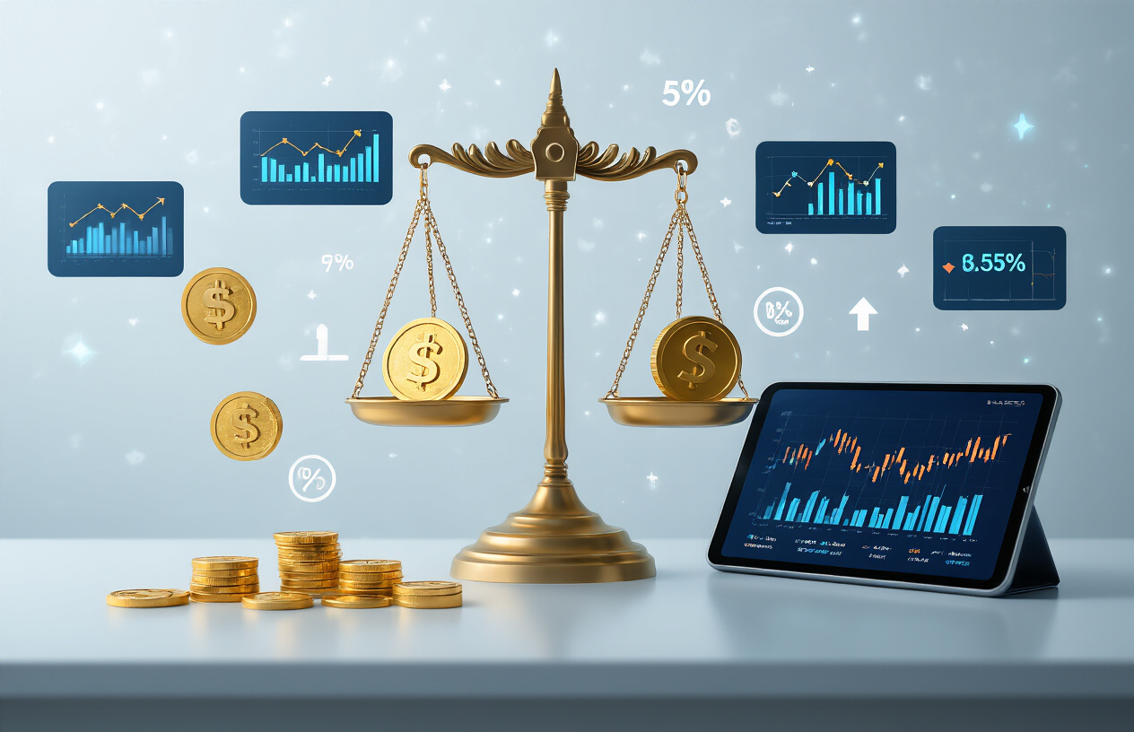 Create a realistic image of a modern financial visualization scene showing a balanced scale in the center with gold coins and rupee symbols on one side representing returns, and risk warning icons on the other side, surrounded by floating digital charts, graphs with upward trending arrows, and percentage symbols, set against a clean white background with soft blue accent lighting, featuring a minimalist desk surface with a sleek tablet displaying investment portfolio data, absolutely NO text should be in the scene.