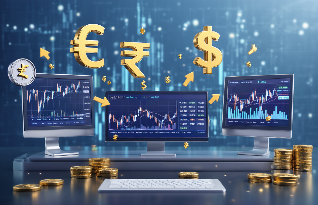 Create a realistic image of multiple international currency symbols and exchange rate displays floating above a modern trading desk setup, featuring Euro (€), Indian Rupee (₹), US Dollar ($) and British Pound (£) symbols in metallic 3D style, with digital screens showing fluctuating exchange rate charts and currency conversion calculators, set against a sleek dark blue financial background with subtle grid patterns, soft ambient lighting creating a professional atmosphere, with floating golden arrows indicating currency exchange flows between different monetary symbols. Absolutely NO text should be in the scene.