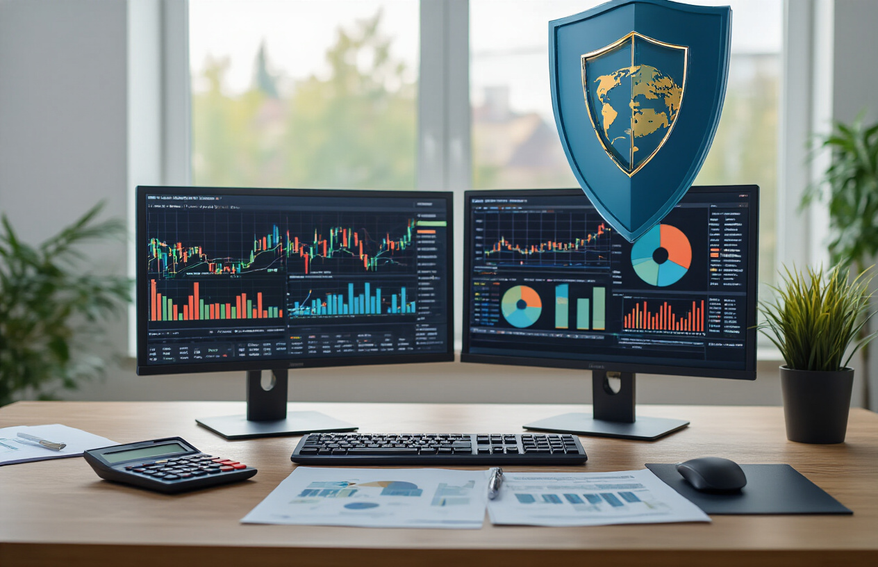 Create a realistic image of a professional financial workspace featuring a modern desk with dual computer monitors displaying colorful stock charts, risk assessment graphs, and portfolio allocation pie charts, a calculator, financial documents, and a protective shield icon symbol positioned prominently on the desk, with a world map showing Europe and India connected by dotted lines in the background, soft natural lighting from a window, clean modern office environment with a calm and secure atmosphere, Absolutely NO text should be in the scene.