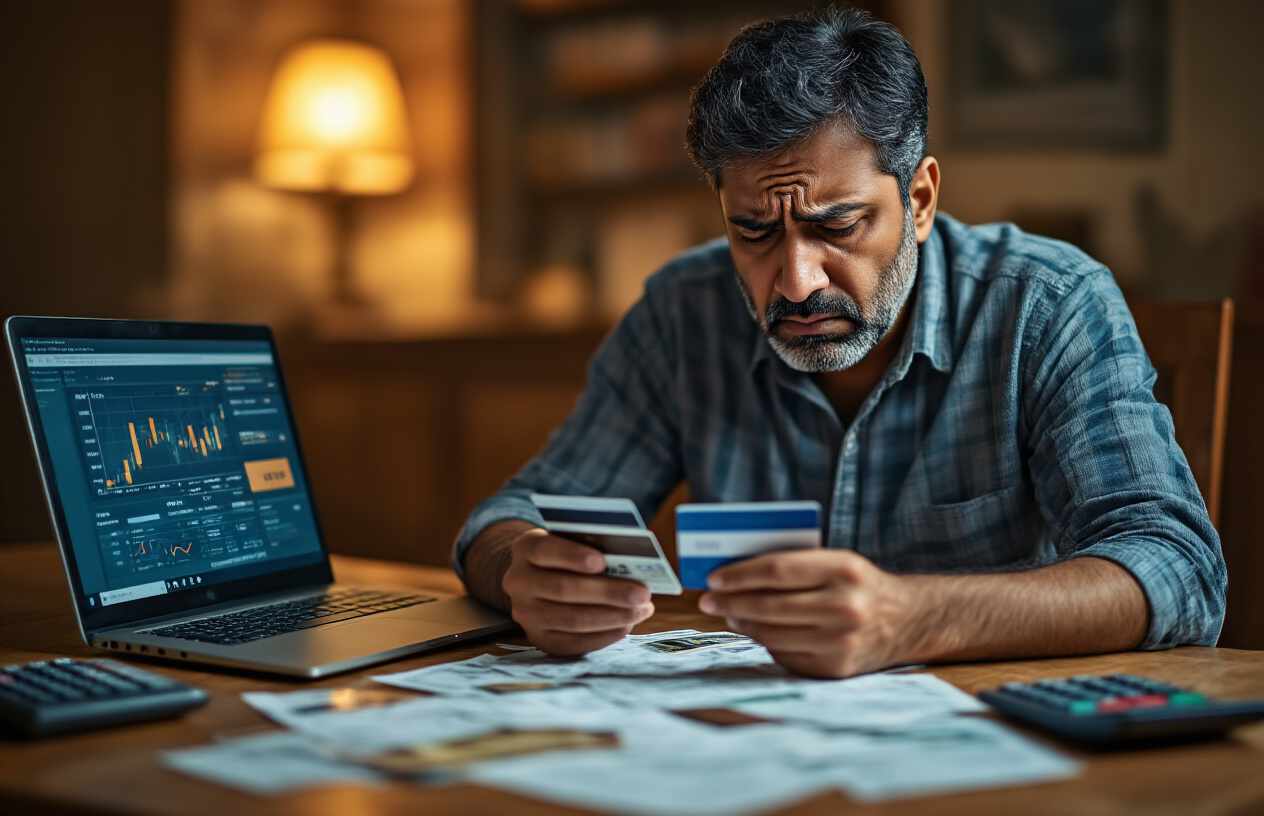 Create a realistic image of an Indian middle-aged male sitting at a wooden desk looking stressed and worried while holding multiple credit cards in his hands, with bills and financial documents scattered around the desk, a laptop showing financial charts in the background, warm indoor lighting creating a concerned atmosphere, the man wearing casual clothes with a frustrated expression, and debt-related items like calculator and unpaid bills visible on the desk surface, absolutely NO text should be in the scene.