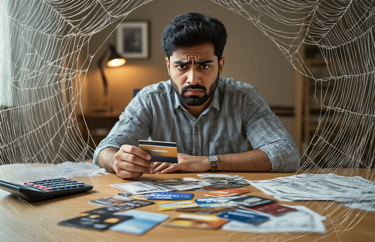 Create a realistic image of an Indian male in his 30s sitting at a desk looking concerned while examining multiple credit cards scattered around him, with a calculator and bills nearby, surrounded by visual metaphors of financial traps like a spider web pattern subtly incorporated into the background, warm indoor lighting creating a serious mood that conveys the stress of high interest rates and hidden fees, absolutely NO text should be in the scene.
