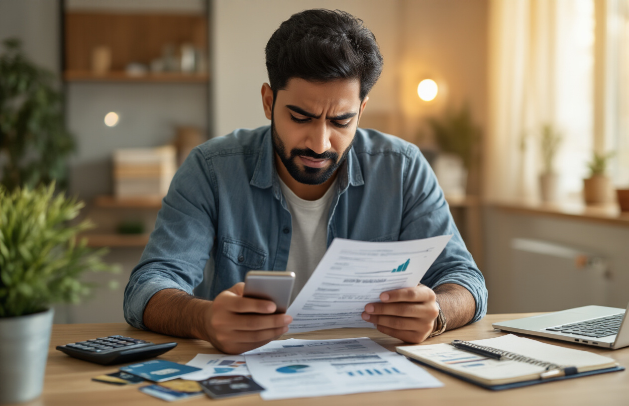 Create a realistic image of an Indian male in his 30s sitting at a desk looking relieved and confident while reviewing financial documents, with a smartphone displaying a credit monitoring app showing an upward trending arrow, scattered credit cards on the desk, a calculator, and a notebook with financial planning notes, set in a well-lit modern home office with warm lighting that conveys financial stability and responsible money management, absolutely NO text should be in the scene.