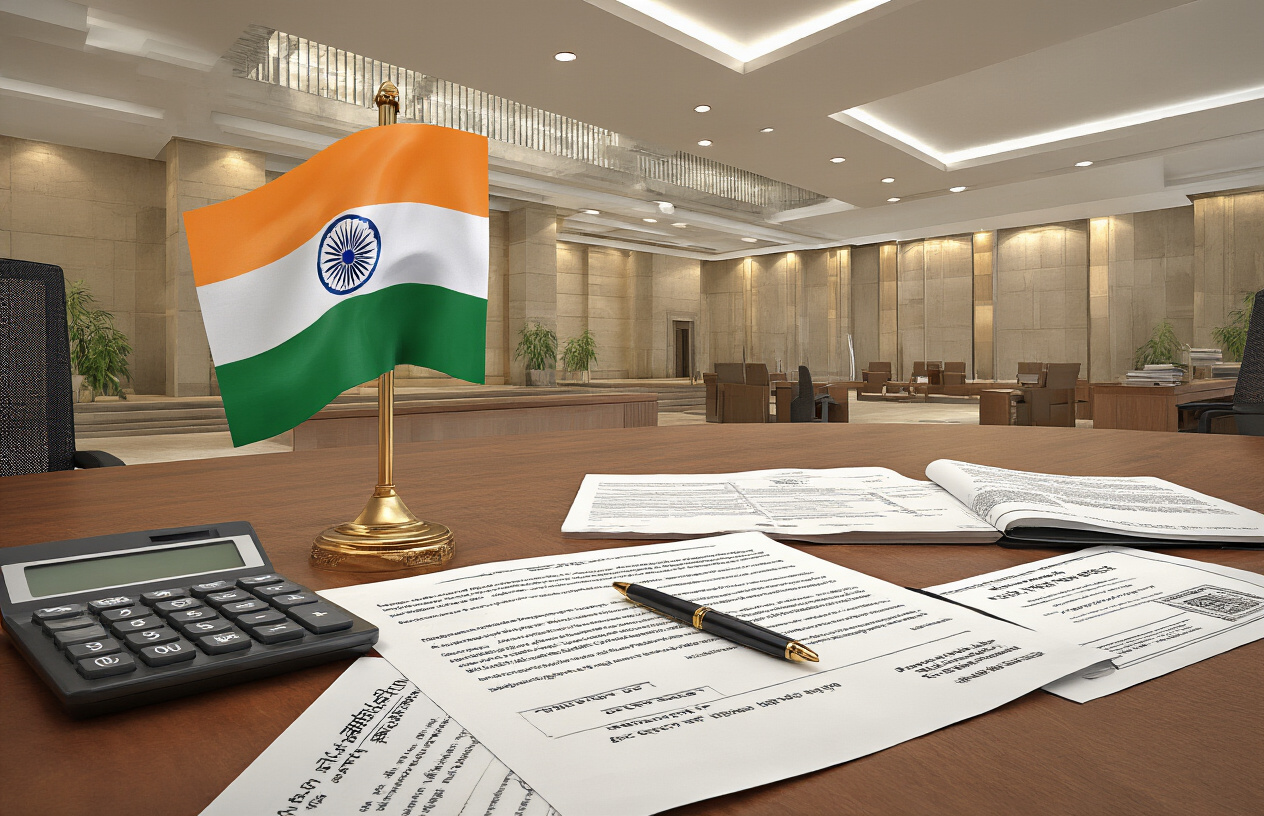 Create a realistic image of an Indian government office or financial regulatory building with modern architecture, featuring the Indian flag prominently displayed, alongside official documents and policy papers scattered on a wooden desk, with a calculator, pen, and official government stamps visible, set against a professional indoor lighting with warm tones suggesting authority and new regulations, absolutely NO text should be in the scene.