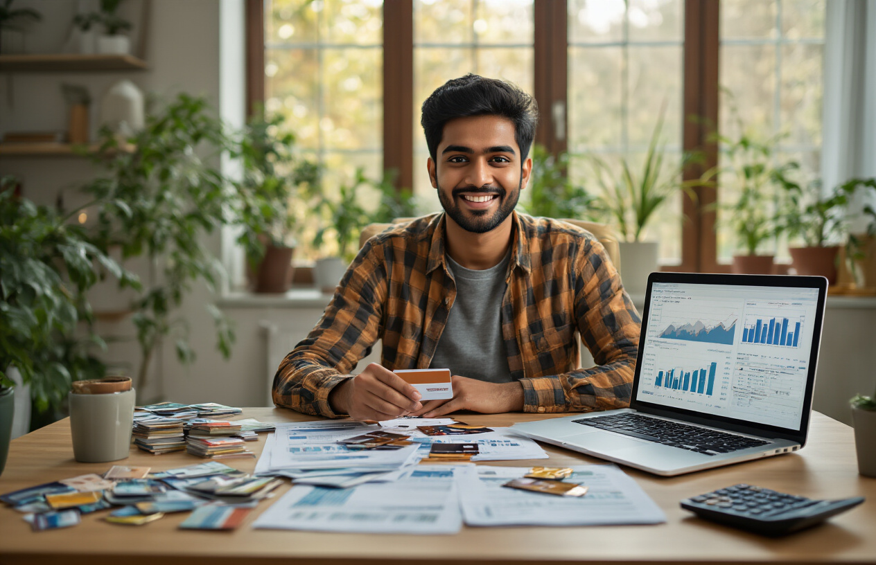 Create a realistic image of a young Indian male in his 30s sitting at a modern desk with a relieved and confident expression, successfully organizing multiple credit cards in a neat arrangement beside a laptop showing financial charts, with cut-up credit card pieces in a small pile indicating resolved debt issues, surrounded by organized financial documents and a calculator, in a well-lit home office with warm natural lighting streaming through a window, plants in the background creating a positive atmosphere of financial recovery and smart money management, with the overall mood conveying success, relief, and financial wisdom. Absolutely NO text should be in the scene.