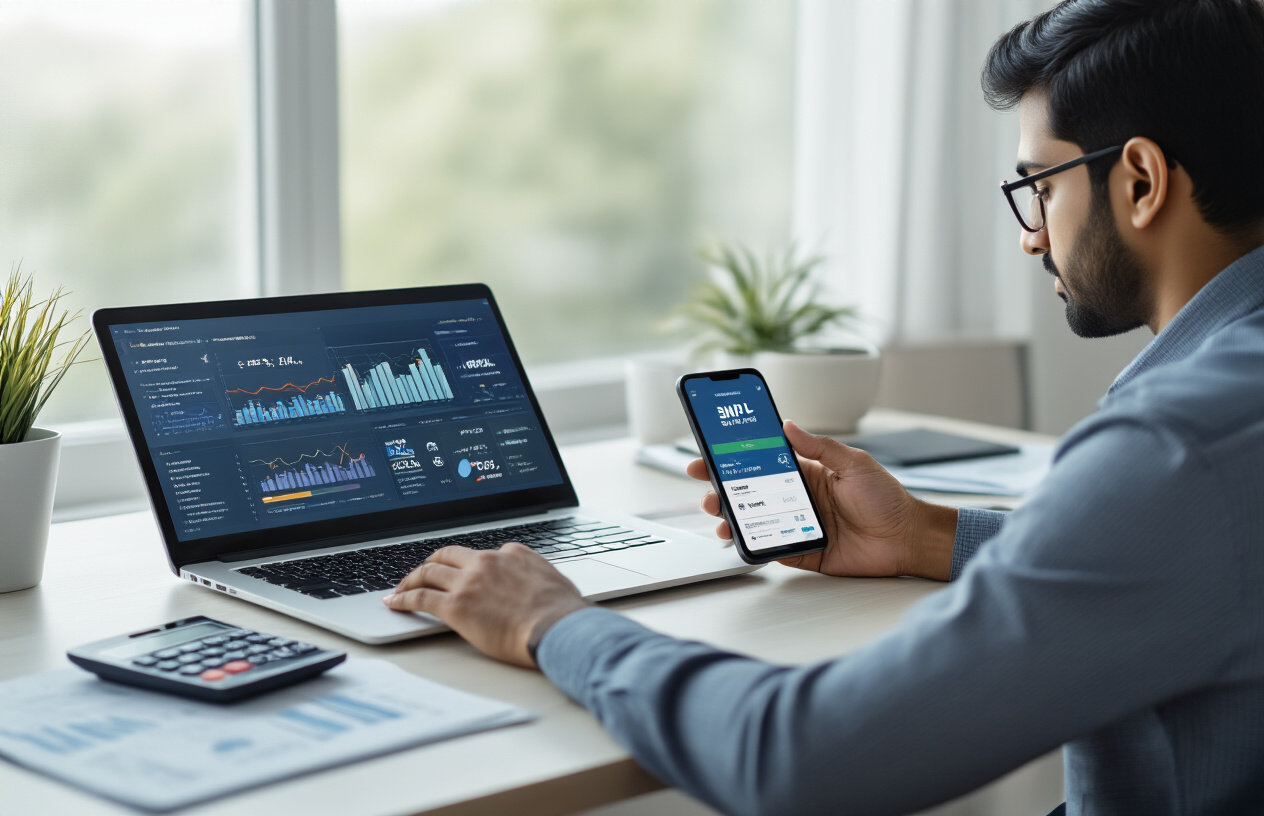 Create a realistic image of a modern Indian office setting with a young Indian male professional sitting at a sleek desk, looking at a laptop screen displaying financial charts and credit score indicators, with a smartphone beside him showing a BNPL payment app interface, surrounded by subtle financial documents and a calculator, soft natural lighting from a window creating a professional atmosphere, clean minimalist background with neutral colors, the person appearing focused and analytical while reviewing credit information. Absolutely NO text should be in the scene.