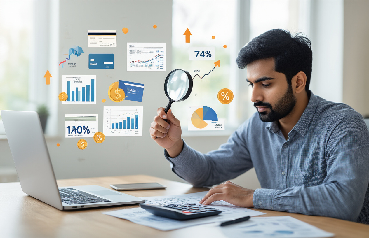 Create a realistic image of a South Asian male in his 30s sitting at a modern desk with a laptop, calculator, and financial documents spread out, examining credit score factors with a magnifying glass over pie charts and bar graphs showing different financial metrics, surrounded by floating visual elements like credit cards, percentage symbols, and upward/downward arrows indicating score changes, set in a clean office environment with soft natural lighting from a window, conveying a analytical and focused mood. Absolutely NO text should be in the scene.