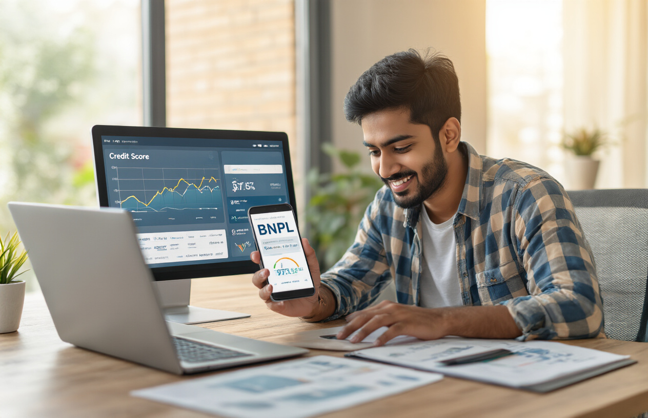 Create a realistic image of a young Indian male in his late twenties sitting at a modern desk with a laptop open, showing a satisfied expression while looking at a credit score dashboard on the screen displaying an upward trending graph, with a smartphone beside the laptop showing a BNPL app interface, surrounded by organized financial documents and a small potted plant, in a well-lit contemporary home office setting with warm natural lighting coming through a window, conveying a positive and successful financial management atmosphere, absolutely NO text should be in the scene.