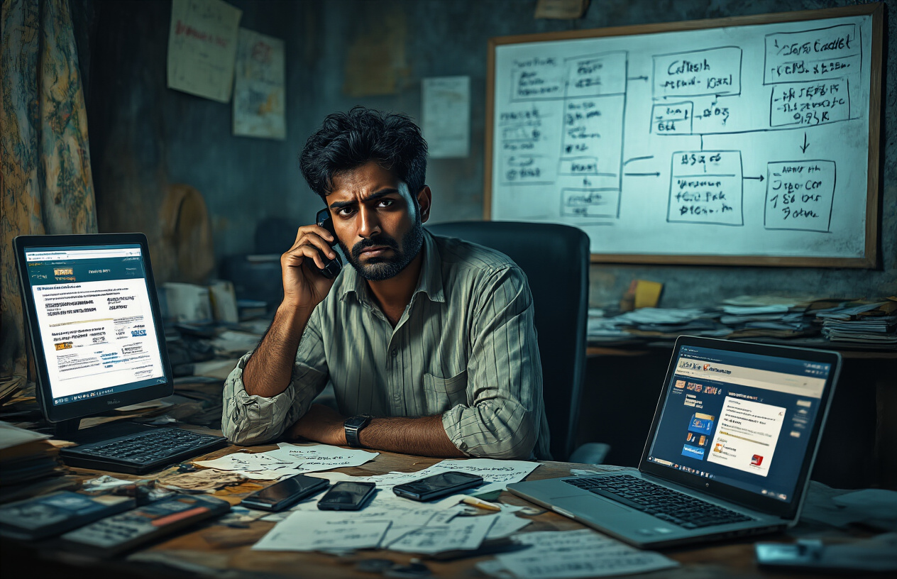 Create a realistic image of a South Asian male scammer in his 30s sitting at a cluttered desk with multiple mobile phones, a laptop displaying fake credit card company websites, and handwritten notes with phone numbers and schemes, set in a dimly lit room with poor lighting creating shadows, showing the person making phone calls with a deceptive expression while surrounded by credit card images and banking logos on computer screens, with a whiteboard in the background containing flowcharts and strategy diagrams, creating an atmosphere of fraudulent activity and deception, absolutely NO text should be in the scene.