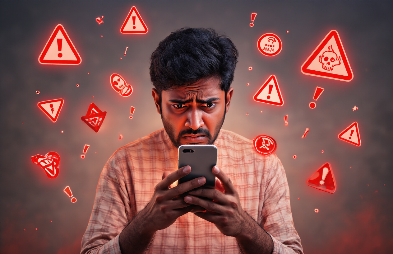 Create a realistic image of a concerned Indian male person holding a smartphone with a worried expression, surrounded by floating red warning symbols, exclamation marks, and danger icons in the air around him, with a dark reddish background suggesting caution and alert, dramatic lighting highlighting the warning signs, the scene conveying the concept of recognizing dangerous scam indicators, absolutely NO text should be in the scene.