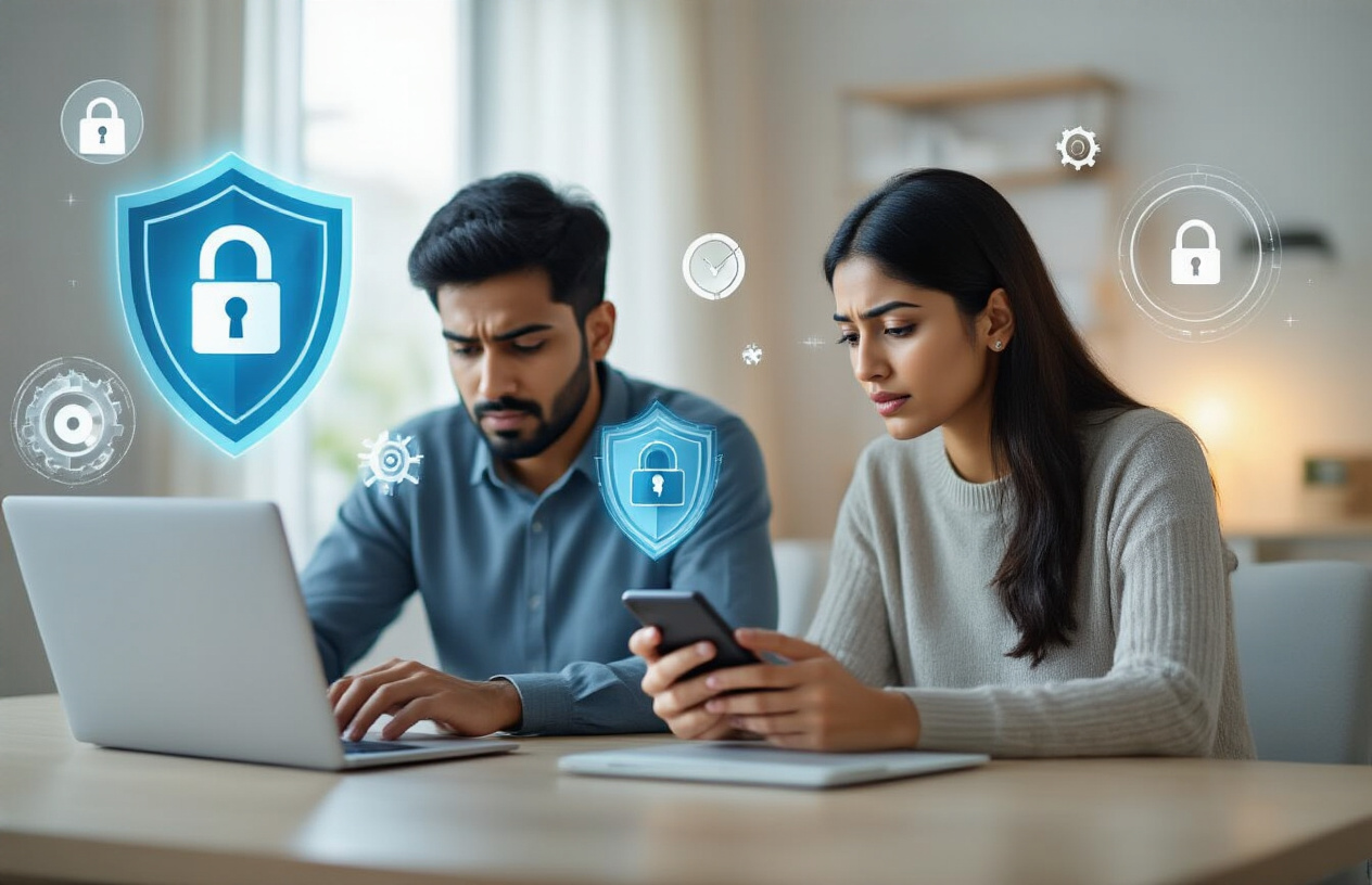 Create a realistic image of a South Asian male and female sitting at a modern home office desk looking at a smartphone and laptop screen with concerned but focused expressions, surrounded by security icons floating in the air including shield symbols, lock icons, and gear settings symbols, with a clean modern interior background featuring soft natural lighting from a window, conveying a sense of digital security awareness and protection, absolutely NO text should be in the scene.
