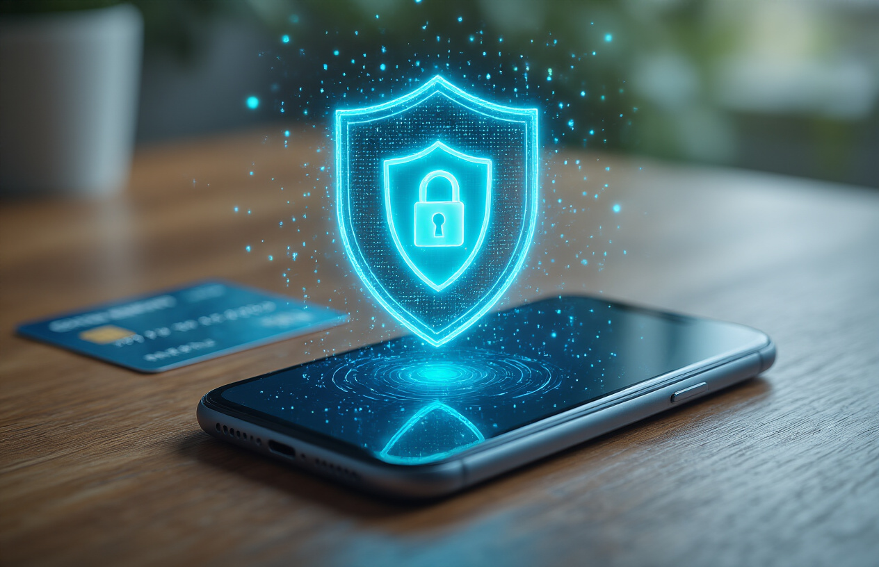 Create a realistic image of a modern smartphone lying on a wooden desk with a glowing shield icon holographically projected above it, surrounded by subtle visual elements representing digital security including a credit card partially visible in the background, soft blue and green lighting creating a secure and protected atmosphere, with the scene suggesting successful protection against online fraud, and absolutely NO text should be in the scene.