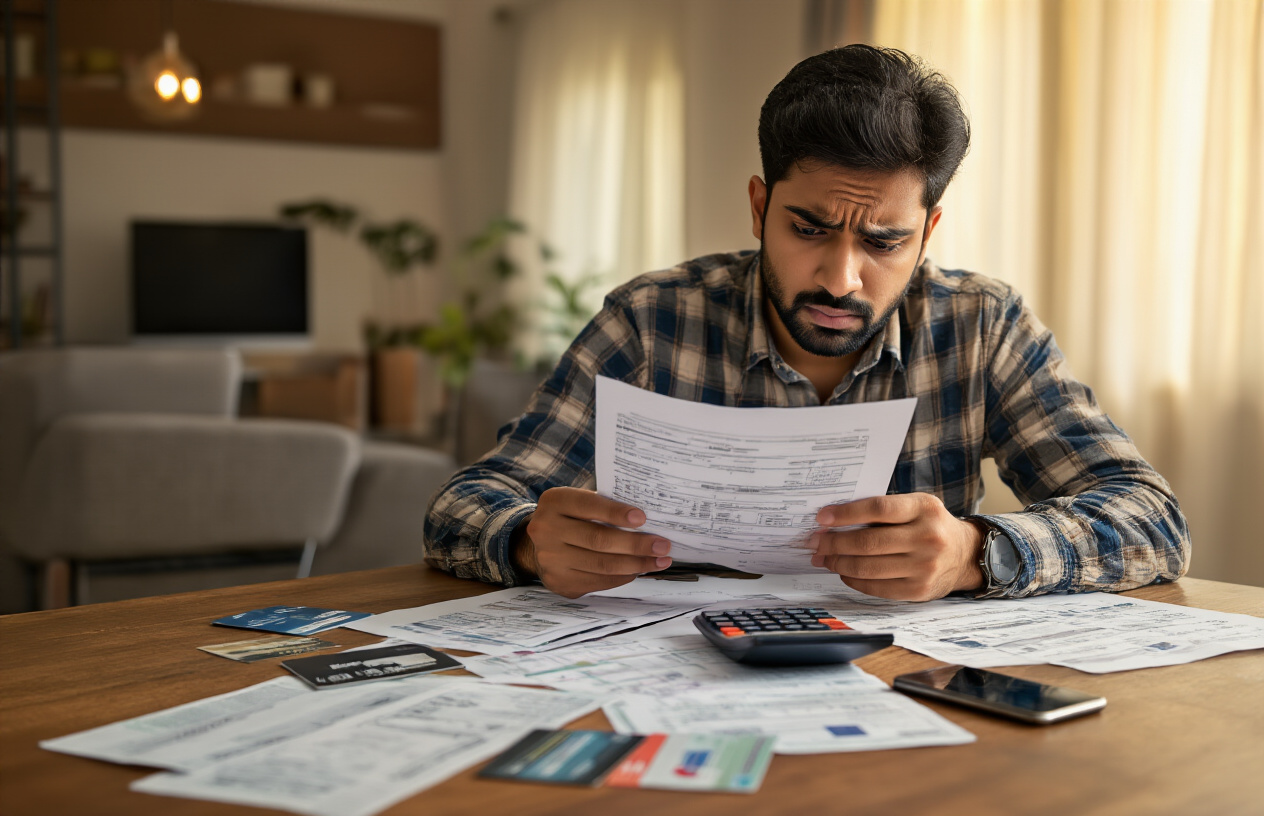Create a realistic image of an Indian male in his 30s sitting at a desk looking concerned while examining financial documents and a calculator, with credit cards, EMI payment slips, and a smartphone displaying banking app scattered on the wooden desk, warm indoor lighting creating a thoughtful atmosphere in a modern home office setting, emphasizing the complexity of understanding hidden costs in financial products, absolutely NO text should be in the scene.