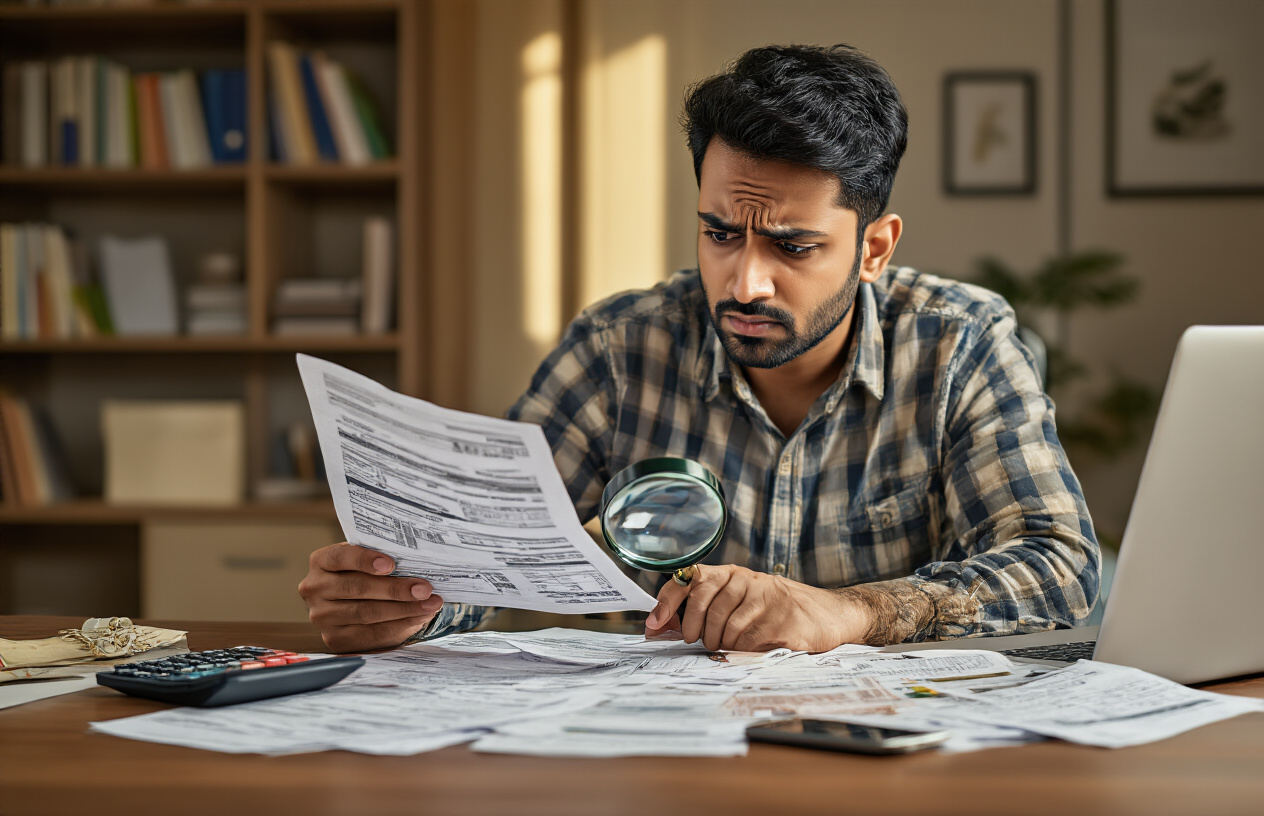 Create a realistic image of a South Asian male in his 30s sitting at a wooden desk looking concerned while examining financial documents and bills scattered across the surface, with a calculator, smartphone, and laptop nearby, magnifying glass highlighting hidden fees and small print on EMI documents, warm indoor lighting creating shadows that emphasize the detective-like investigation of hidden costs, background showing a modern Indian home office setting with bookshelves, the overall mood conveying discovery and caution about financial matters, absolutely NO text should be in the scene.