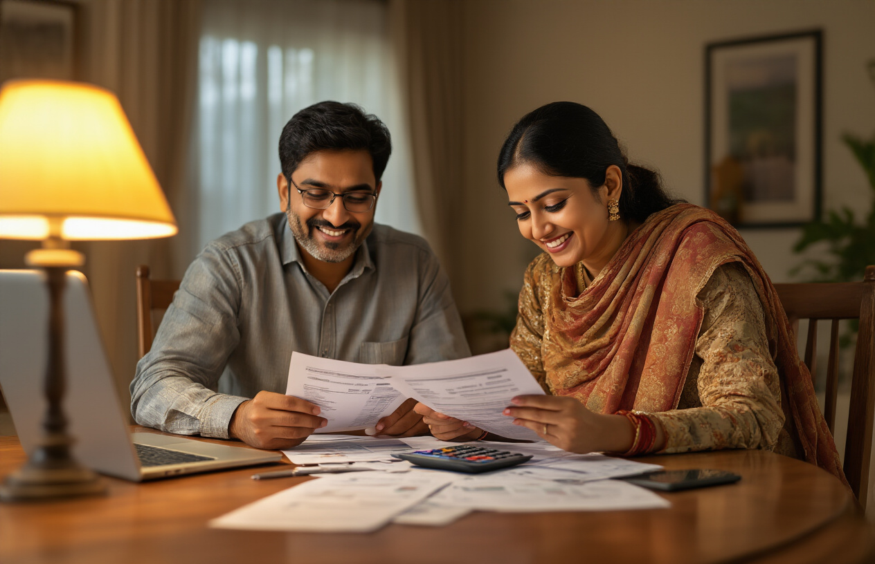 Create a realistic image of an Indian middle-class family consisting of a South Asian male and female in their 30s sitting at a wooden dining table, looking pleased and satisfied while reviewing financial documents and calculator results, with a modern smartphone, laptop, and some EMI-related paperwork spread on the table, warm golden lighting from a table lamp creating a cozy evening atmosphere in a well-furnished Indian home interior with subtle décor elements, the scene conveying a sense of financial satisfaction and smart decision-making, absolutely NO text should be in the scene.