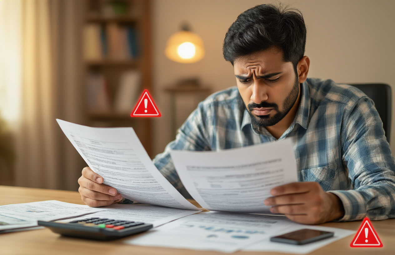 Create a realistic image of an Indian male in his 30s sitting at a desk looking concerned while reviewing financial documents and loan papers, with warning symbols like red triangular caution signs subtly placed around the scene, a calculator and smartphone on the desk, warm indoor lighting creating a serious contemplative mood, background showing a home office setting with bookshelves, the man's expression showing worry and careful consideration as he examines the paperwork, absolutely NO text should be in the scene.