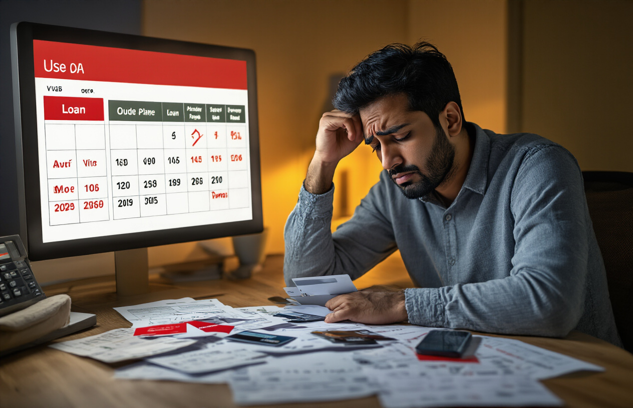 Create a realistic image of a concerned South Asian male in his 30s sitting at a desk looking worried while examining credit card bills and loan documents scattered around him, with a calendar showing overdue payment dates, red warning notices, and a smartphone displaying missed payment notifications on the screen, set in a dimly lit home office environment with warm yellow lighting creating shadows that emphasize the stress and anxiety of the situation, absolutely NO text should be in the scene.