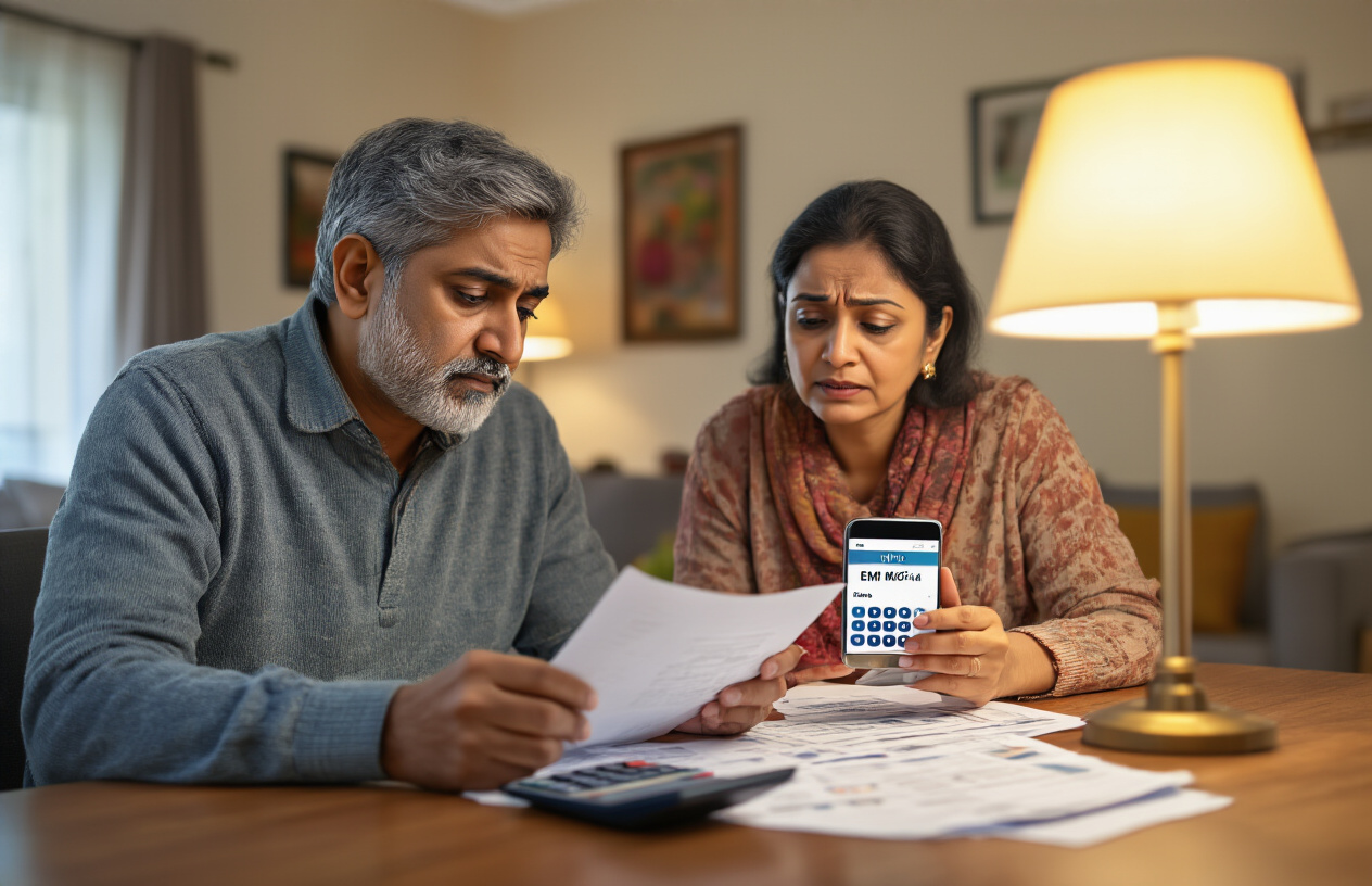 Create a realistic image of an Indian middle-aged male and female sitting at a modern dining table with a calculator, financial documents, and a smartphone displaying EMI details, with concerned but thoughtful expressions as they review paperwork together, warm indoor lighting from a table lamp creating a cozy home environment, with a subtle background showing a living room with Indian decor elements, the scene conveying careful financial planning and decision-making, absolutely NO text should be in the scene.