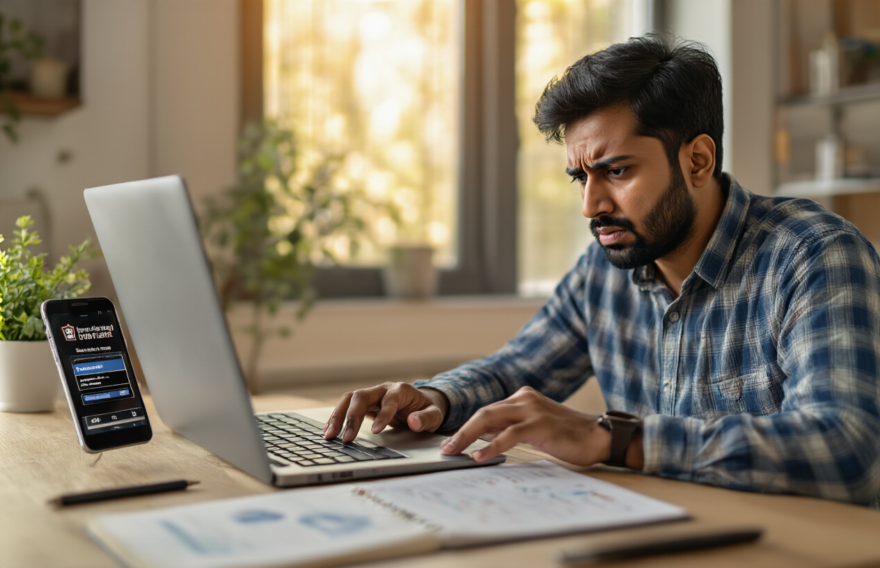 Create a realistic image of a concerned Indian male sitting at a desk with a laptop computer open, his hands positioned over the keyboard in an urgent typing motion, with a smartphone displaying security alerts nearby, a notepad with handwritten notes, and a pen beside it, set against a modern home office background with warm natural lighting streaming through a window, conveying a sense of urgency and immediate protective action, with the person's expression showing determination and focus as he takes steps to secure his accounts, absolutely NO text should be in the scene.