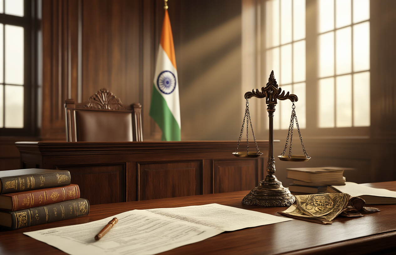 Create a realistic image of a professional Indian courtroom scene with wooden judge's bench, legal documents and law books scattered on a mahogany table, scales of justice prominently displayed, Indian flag in the background, warm natural lighting streaming through tall windows, formal legal environment with rich brown and golden tones, representing legal remedies and money recovery processes, absolutely NO text should be in the scene.