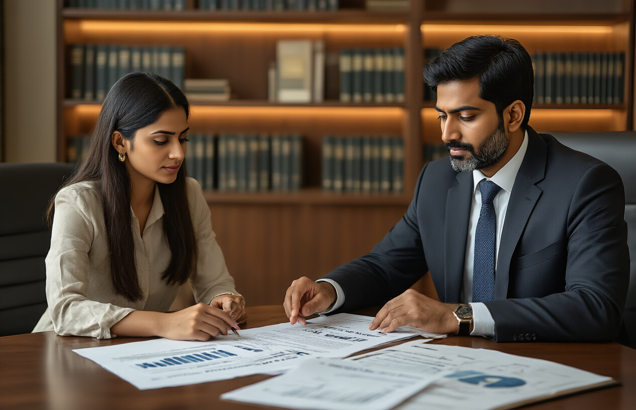 Create a realistic image of a professional Indian male lawyer in a dark business suit sitting at a modern office desk, reviewing legal documents and case files, with a female client of Indian ethnicity sitting across from him in consultation, the lawyer pointing to financial recovery charts and legal papers spread on the desk, warm office lighting creating a trustworthy atmosphere, law books and certificates visible on shelves in the background, the scene conveying expertise and hope for financial recovery, absolutely NO text should be in the scene.
