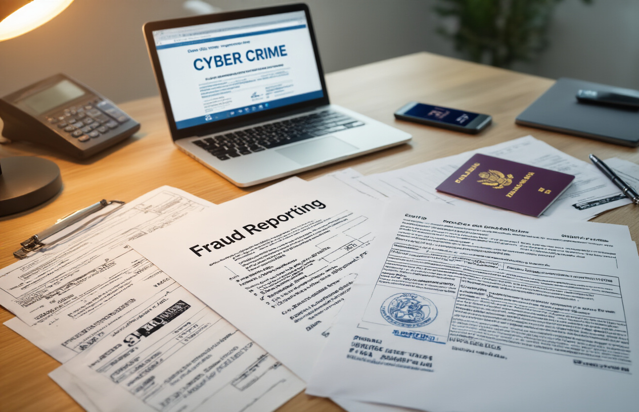 Create a realistic image of a neatly organized desk with essential fraud reporting documents spread out, including bank statements, transaction receipts, screenshots of fraudulent messages printed on paper, a government ID card, and official complaint forms, alongside a laptop displaying a cyber crime reporting website, with a smartphone showing suspicious text messages, proper lighting from a desk lamp illuminating the paperwork, and a professional indoor office environment in the background, absolutely NO text should be in the scene.