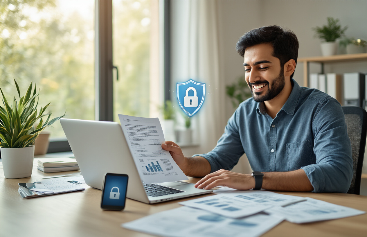 Create a realistic image of a South Asian male in his 30s sitting at a modern desk with a laptop open, looking relieved and confident while reviewing financial documents, with a smartphone displaying a security shield icon nearby, surrounded by organized paperwork and a clean office environment with warm natural lighting streaming through a window, conveying a sense of resolution and protection after successfully handling online fraud recovery, with subtle elements like a closed padlock icon on the laptop screen and legal documents neatly arranged on the desk, absolutely NO text should be in the scene.