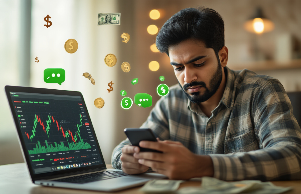 Create a realistic image of a South Asian male in his 30s sitting at a desk looking intently at his smartphone screen, with a laptop open beside him showing a fake trading app interface with bright green and red charts, WhatsApp chat bubbles floating around him in a translucent overlay effect, money symbols and rupee icons subtly scattered in the background, warm indoor lighting creating a focused atmosphere on the person while the background remains slightly blurred, capturing the moment of someone being lured into a trading scam through social media, Absolutely NO text should be in the scene.