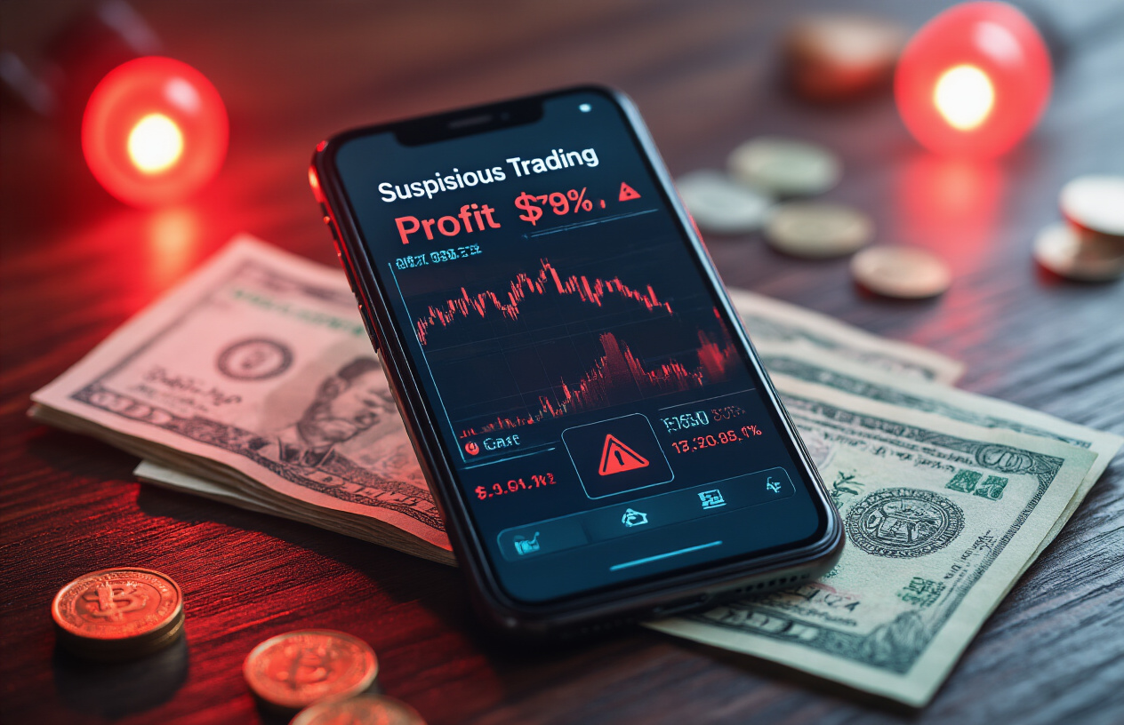 Create a realistic image of a smartphone screen displaying a suspicious trading app interface with warning symbols and red alert icons scattered around it, showing fake profit graphs and unrealistic returns, placed on a dark wooden desk with Indian rupee notes partially visible in the background, dramatic red lighting highlighting the danger elements, creating an ominous and cautionary mood that suggests financial fraud and deception, absolutely NO text should be in the scene.