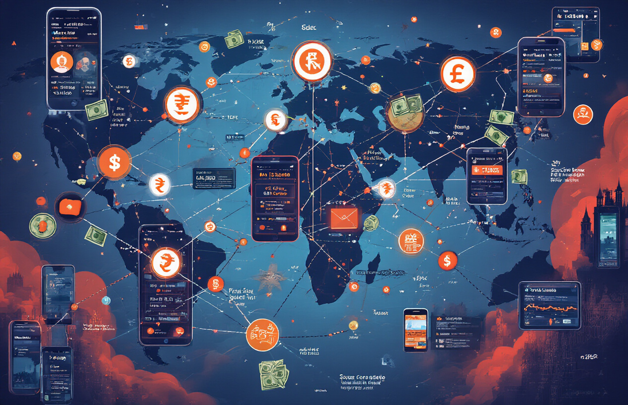 Create a realistic image of a complex network diagram showing the anatomy of a financial scam operation, featuring interconnected nodes representing fake trading apps on smartphone screens, WhatsApp group icons, money transfer arrows showing flow of ₹1500 crores, Indian rupee symbols scattered throughout, dark web-like connections between scammer profiles and victim accounts, multiple mobile devices displaying fraudulent trading interfaces, bank account details being harvested, a web of deceit spreading across India map silhouette in background, ominous red and orange lighting suggesting danger and fraud, mysterious shadowy atmosphere with digital elements floating in space, Absolutely NO text should be in the scene.