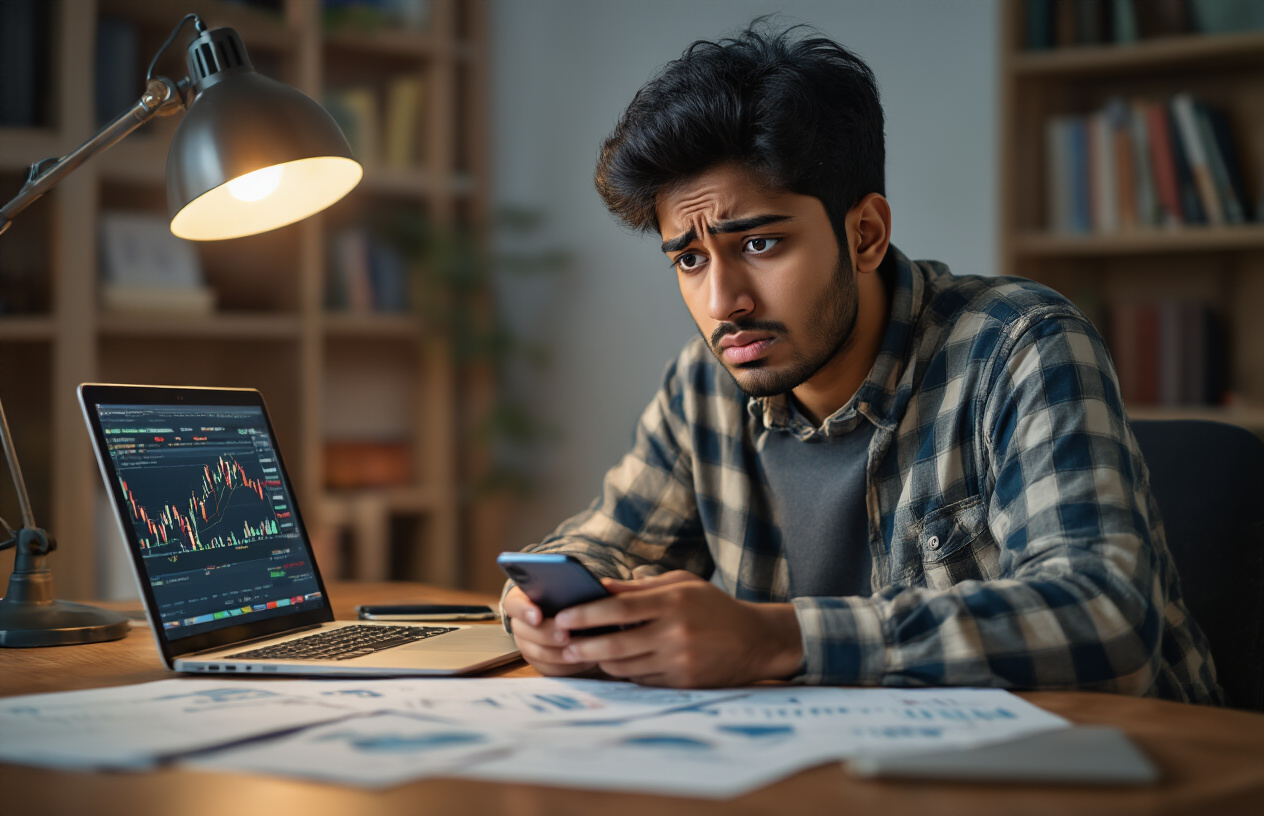 Create a realistic image of a young Indian male in his twenties sitting at a desk with a laptop, looking confused while staring at his smartphone screen, with trading charts and financial documents scattered on the desk, warm indoor lighting from a desk lamp, concerned facial expression suggesting he's trying to understand something complex, modern home office setting with bookshelves in the background, absolutely NO text should be in the scene.