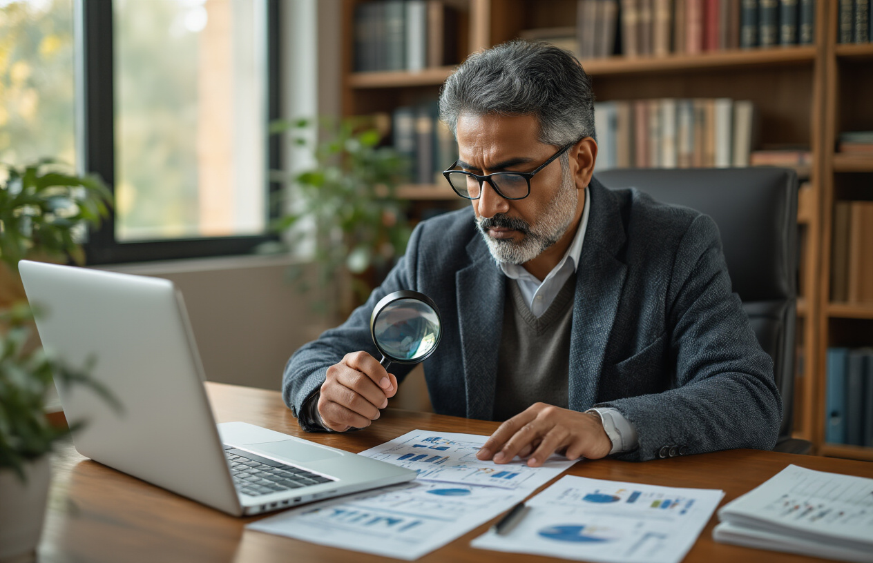Create a realistic image of a middle-aged Indian male investor sitting at a modern desk with a laptop open, carefully examining financial documents and charts spread across the desk, holding a magnifying glass over a smartphone displaying a trading app interface, with a professional office environment in the background featuring bookshelves filled with finance books, warm natural lighting from a window creating a focused and analytical atmosphere, a notepad with checkmarks and bullet points visible beside the laptop, and financial newspapers neatly stacked on the desk corner, absolutely NO text should be in the scene.