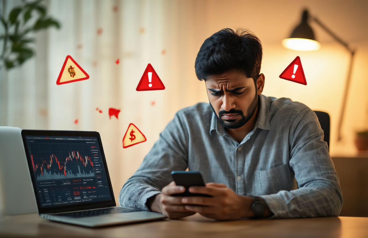 Create a realistic image of a concerned Indian male sitting at a desk looking at his smartphone with a worried expression, surrounded by warning symbols and red flags floating around him, with a laptop showing suspicious investment charts in the background, warm indoor lighting creating dramatic shadows, conveying a sense of caution and alertness about digital financial scams, absolutely NO text should be in the scene.