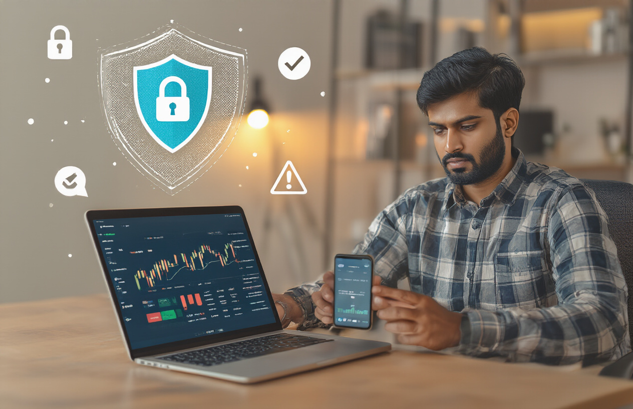 Create a realistic image of an Indian male sitting at a desk with a laptop, holding a smartphone displaying a trading app interface, with a protective shield icon hovering above the devices, surrounded by security elements like a lock symbol, checkmark icons, and warning triangles in the background, warm indoor lighting creating a safe and secure atmosphere, the person appearing focused and cautious while reviewing the app, modern home office setting with clean wooden desk and neutral colored walls, absolutely NO text should be in the scene.