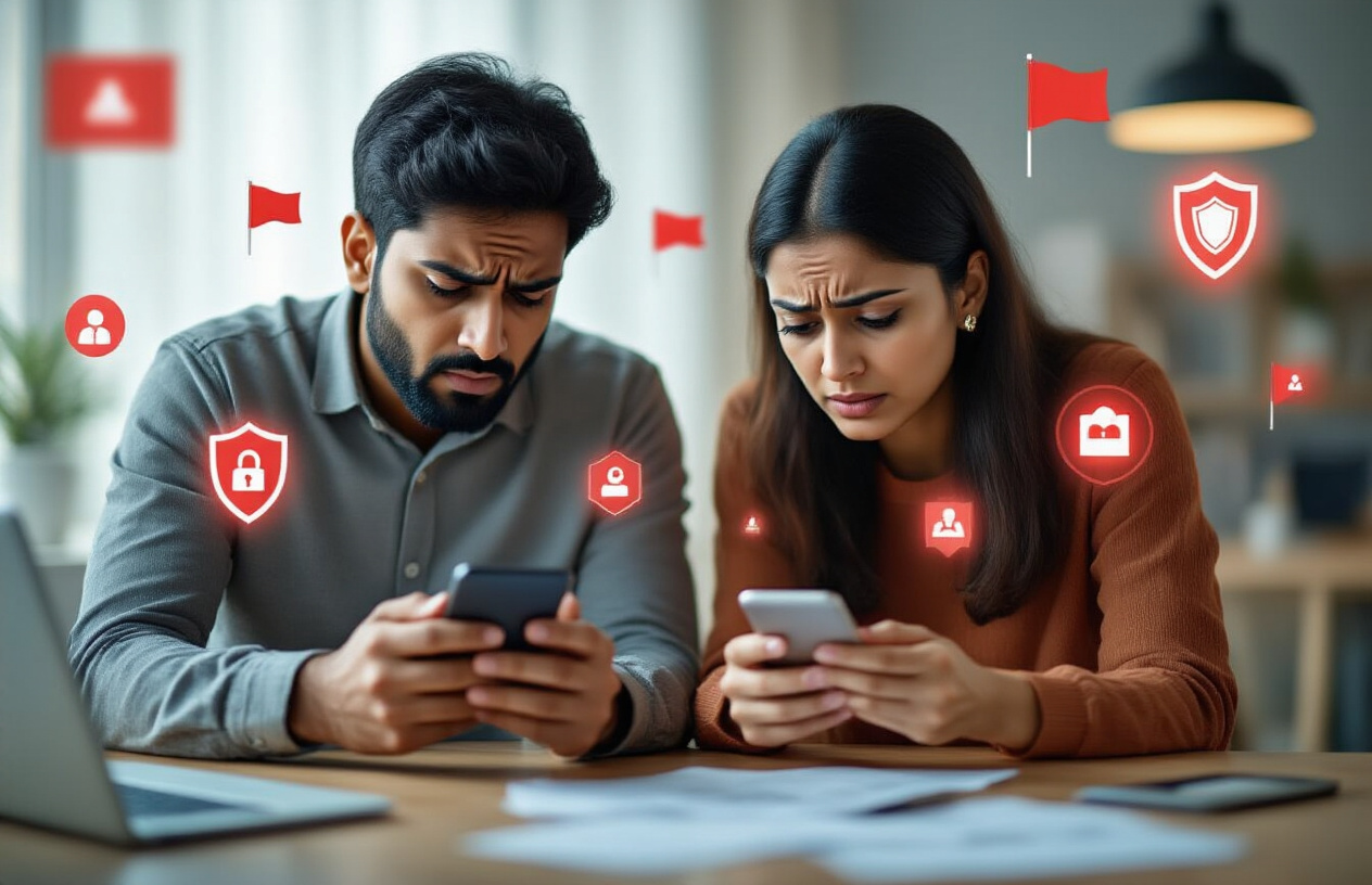 Create a realistic image of a concerned Indian male and female looking at their smartphones with worried expressions, surrounded by floating digital warning symbols, red flags, and security shield icons in a modern indoor setting with soft natural lighting from a window, conveying a sense of caution and digital security awareness, with scattered papers and a laptop on a desk in the background, all rendered in a professional documentary style with warm ambient lighting, absolutely NO text should be in the scene.