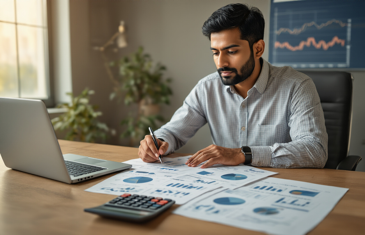 Create a realistic image of an Indian male financial advisor in his 30s sitting at a modern office desk, thoughtfully analyzing investment documents and charts spread across the table, with a calculator, pen, and laptop visible, warm natural lighting from a window, professional and focused atmosphere, clean contemporary office background with subtle financial graphs on wall, Absolutely NO text should be in the scene.