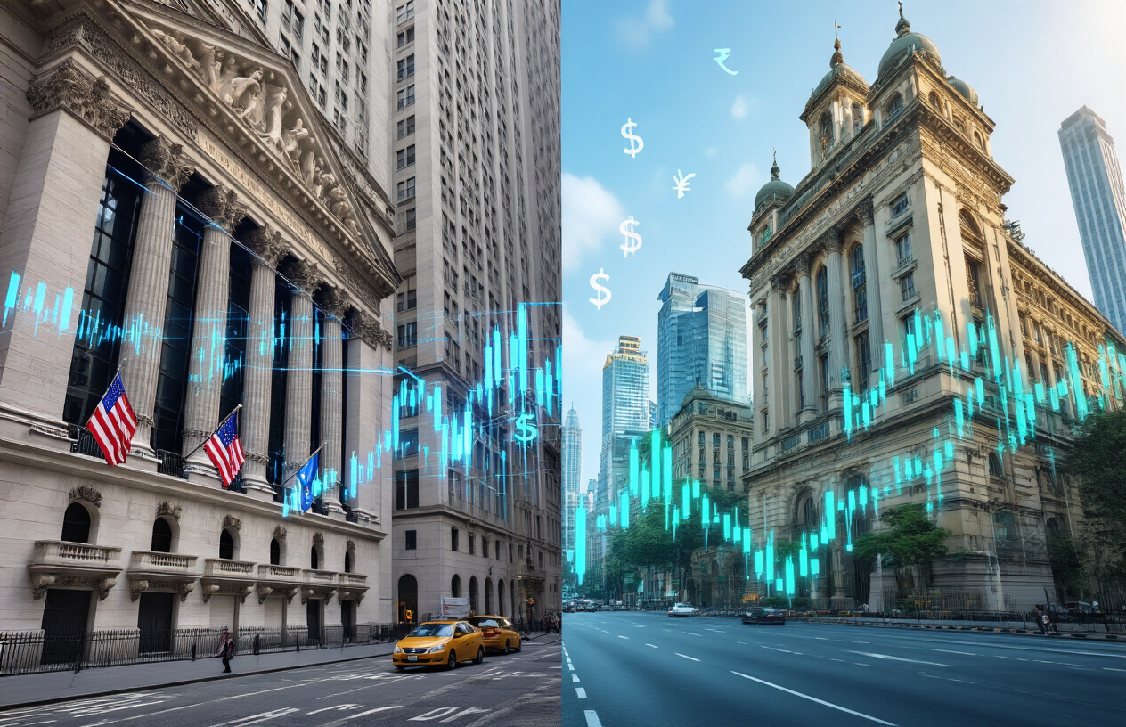 Create a realistic image of a split-screen composition showing the American and Indian financial markets, with the left side featuring the iconic Wall Street buildings including the New York Stock Exchange with its classical columns and American flags, while the right side displays Mumbai's financial district with the Bombay Stock Exchange building and Indian architectural elements, connected in the center by floating digital stock market charts, currency symbols ($ and ₹), and trading graphs in blue and green colors, set against a professional business atmosphere with soft natural lighting, absolutely NO text should be in the scene.