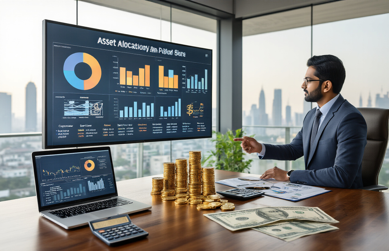 Create a realistic image of a modern financial workspace showing asset allocation and portfolio balancing with Indian rupee and US dollar symbols, featuring a South Asian male financial advisor in business attire pointing at a large wall-mounted digital display showing pie charts and bar graphs representing currency distribution, with physical gold coins, Indian stock certificates, US treasury bonds, and currency notes (INR and USD) arranged on a polished wooden desk, complemented by a laptop showing portfolio analytics, calculator, and financial documents, set in a contemporary office environment with warm professional lighting, glass windows showing Mumbai city skyline in the background, creating a sophisticated investment planning atmosphere, absolutely NO text should be in the scene.