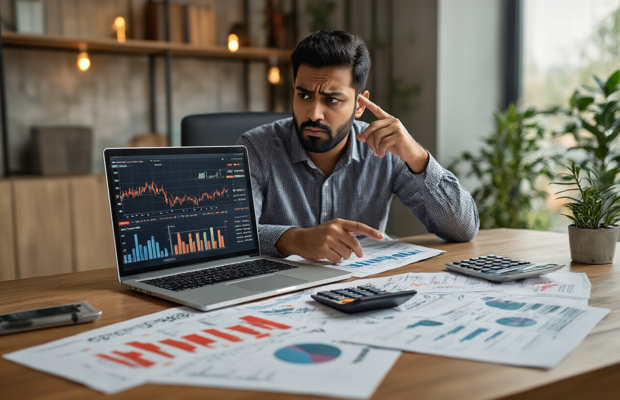 Create a realistic image of a South Asian male financial advisor in his 30s sitting at a modern office desk with a concerned but focused expression, pointing to financial charts and graphs on a laptop screen showing declining portfolio values, with Indian rupee and US dollar currency symbols visible on documents scattered on the desk, a calculator and red warning indicators on financial reports, warm office lighting creating a professional atmosphere that conveys careful risk analysis and financial planning caution, absolutely NO text should be in the scene.