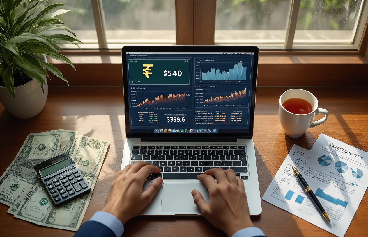 Create a realistic image of a modern Indian professional's desk viewed from above, featuring a sleek laptop displaying financial charts with both Indian rupee and US dollar currency symbols visible on screen, alongside physical Indian rupee notes and US dollar bills neatly arranged, a smartphone showing a portfolio tracking app, a calculator, financial documents with graphs and pie charts, a cup of chai tea, and a fountain pen, all set on a polished wooden desk surface with soft natural lighting from a window creating gentle shadows, conveying a sense of financial success and strategic planning completion, absolutely NO text should be in the scene.