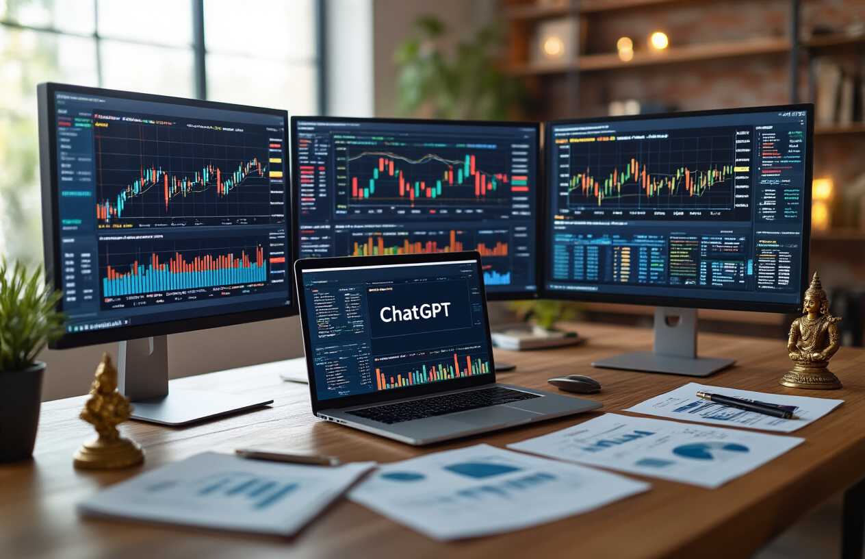 Create a realistic image of a modern Indian financial analyst's workspace with multiple computer monitors displaying colorful sector-specific stock charts and graphs representing different Indian market sectors like technology, pharmaceuticals, banking, and manufacturing, with a sleek laptop showing ChatGPT interface, scattered financial documents and sector analysis reports on a clean wooden desk, warm office lighting creating a professional atmosphere, Indian stock market symbols and sector icons visible on screens, contemporary office setting with subtle Indian cultural elements like a small brass figurine, absolutely NO text should be in the scene.