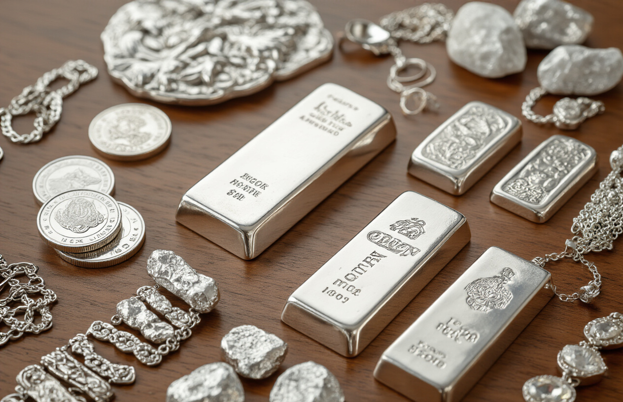 Create a realistic image of various forms of physical silver displayed on a polished wooden surface, including silver coins with detailed engravings, silver bars of different sizes, silver jewelry pieces like rings and chains, and small silver nuggets, all arranged in an organized manner with soft natural lighting highlighting the metallic shine and reflective properties of the silver items, captured from a slightly elevated angle to show the texture and quality of each piece, with a neutral background that emphasizes the silver objects without distraction, absolutely NO text should be in the scene.