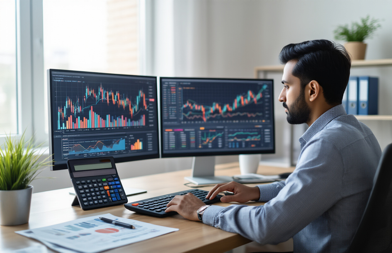 Create a realistic image of a professional Indian male financial analyst in his 30s sitting at a modern desk with dual computer monitors displaying colorful financial charts, graphs showing risk-return analysis with upward and downward trending lines, calculator, financial documents, and a tablet showing investment data, set in a contemporary office environment with soft natural lighting from a window, creating a focused analytical atmosphere. Absolutely NO text should be in the scene.