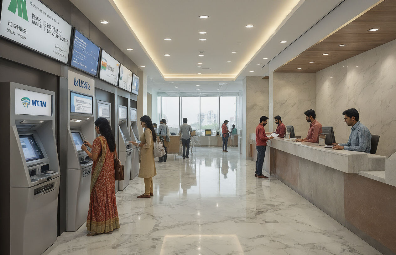 Create a realistic image of a modern Indian bank interior with sleek ATM machines and digital banking kiosks on one side, and traditional bank teller counters with deposit forms and passbooks on the other side, showing the contrast between instant liquidity access and time-bound deposits, with soft professional lighting, clean marble floors, and a few Indian customers of mixed gender and ethnicity using the banking services, emphasizing the accessibility and convenience of different banking options, absolutely NO text should be in the scene.